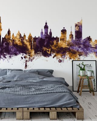 Leipzig Germany Skyline Purple & Gold Wallpaper