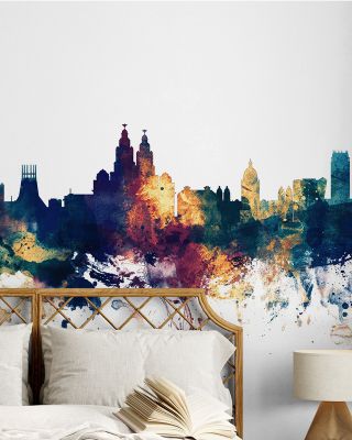 Liverpool England Skyline Blue & Bronze Wallpaper