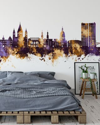 Mainz Germany Skyline Purple & Gold Wallpaper