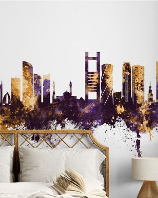 Manama Skyline Purple & Gold Wallpaper