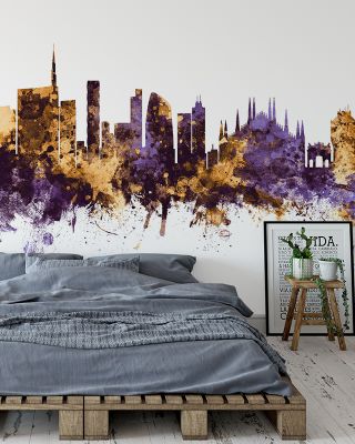 Milan Italy Skyline Purple & Gold Wallpaper