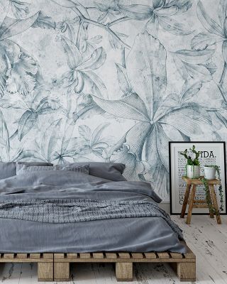 Orchids Sketch in Teal Floral Wallpaper