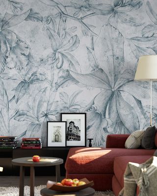 Orchids Sketch in Teal Floral Wallpaper