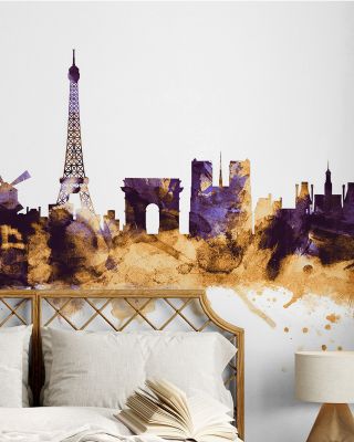 Paris Skyline Purple & Gold Wallpaper