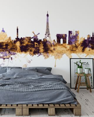 Paris Skyline Purple & Gold Wallpaper