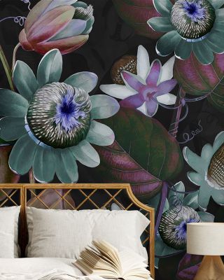 Passifloras Emerging Blue Floral Wallpaper