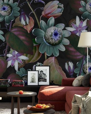 Passifloras Emerging Blue Floral Wallpaper