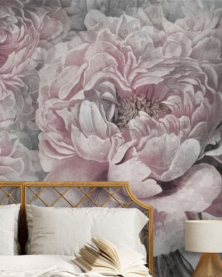 Pions Dream in Pink and Grey Floral Wallpaper