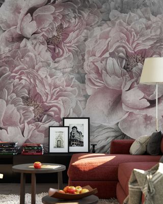 Pions Dream in Pink and Grey Floral Wallpaper