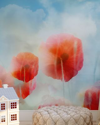 Poppies in a Field Floral Wallpaper