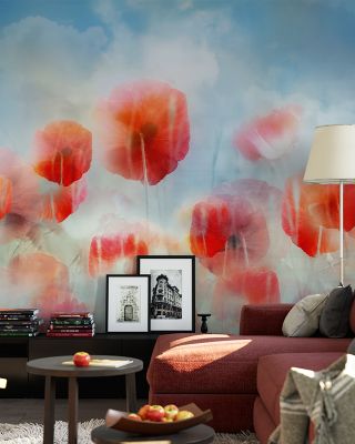 Poppies in a Field Floral Wallpaper
