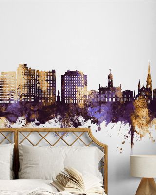 Portland Maine Skyline Purple & Gold Wallpaper