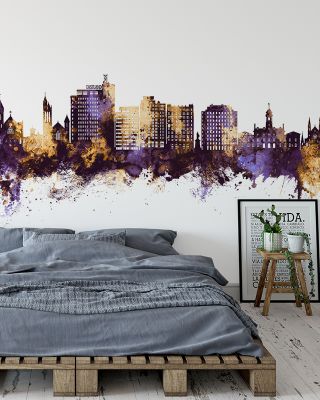 Portland Maine Skyline Purple & Gold Wallpaper