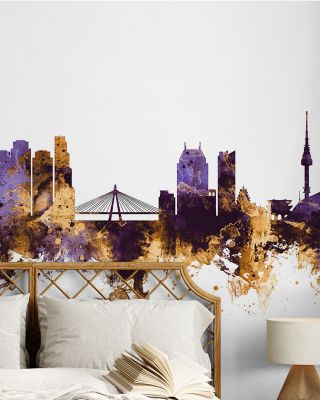 Seoul Skyline Purple & Gold Wallpaper