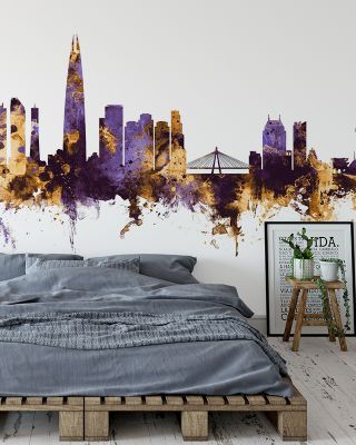 Seoul Skyline Purple & Gold Wallpaper