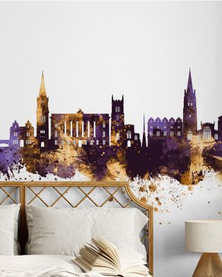 Stamford England Skyline Purple & Gold Wallpaper