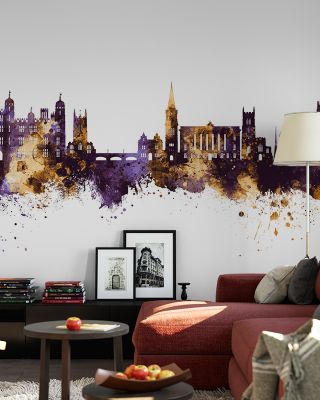 Stamford England Skyline Purple & Gold Wallpaper