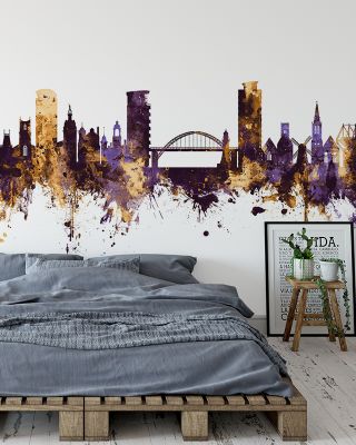Sunderland England Skyline Purple & Gold Wallpaper