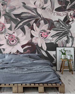 White Passiflora Light Red Floral Wallpaper