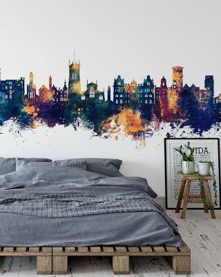 Wigan England Skyline Blue & Bronze Wallpaper