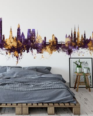 Wroclaw Poland Skyline Purple & Gold Wallpaper