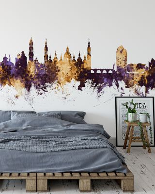 Zaragoza Spain Skyline Purple & Gold Wallpaper