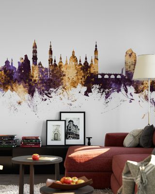 Zaragoza Spain Skyline Purple & Gold Wallpaper