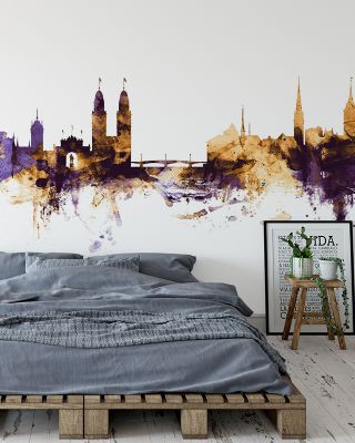 Zurich Switzerland Skyline Purple & Gold Wallpaper