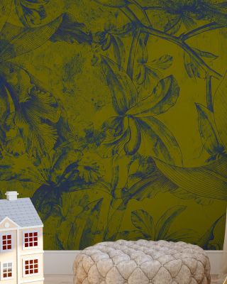 Blue Floral on Mustard Wallpaper