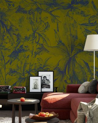Blue Floral on Mustard Wallpaper