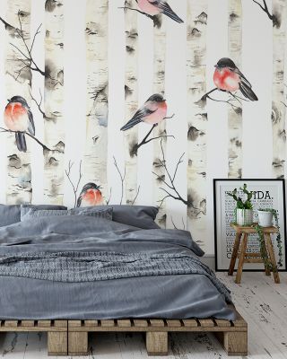 Bullfinch Play Whimsical Nature Wallpaper