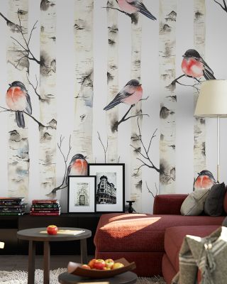 Bullfinch Play Whimsical Nature Wallpaper