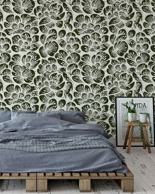 Cottage Peonies, Forest Green Romantic Wallpaper