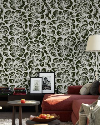 Cottage Peonies, Forest Green Romantic Wallpaper