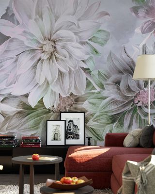 Focus on the Dahlia Light Green Botanical Wallpaper