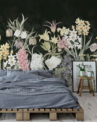 Happy Spring Flowers Dark Moody Floral Wallpaper