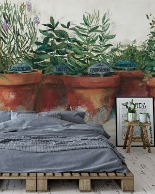 Sage Pots Modern Botanical Wallpaper