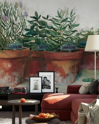 Sage Pots Modern Botanical Wallpaper