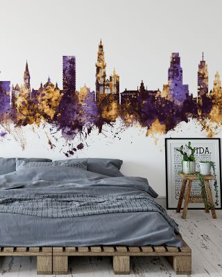 Antwerp Belgium Skyline Purple & Gold Wallpaper