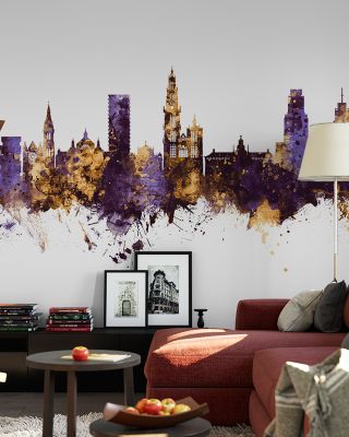 Antwerp Belgium Skyline Purple & Gold Wallpaper