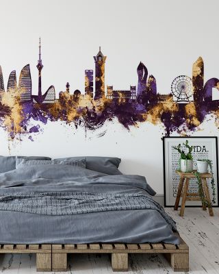 Baku Skyline Purple & Gold Wallpaper