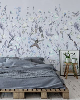 Bird Garden Blue Floral Wallpaper