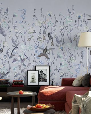 Bird Garden Blue Floral Wallpaper