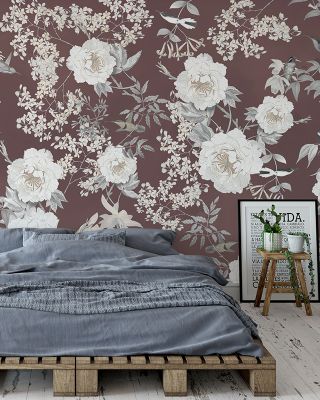 Birds of Eden Dark Coral Floral Wallpaper