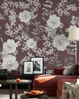 Birds of Eden Dark Coral Floral Wallpaper