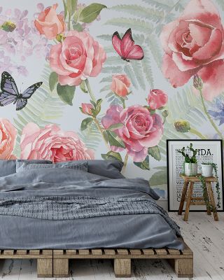 Boho Bouquet Study Blue Floral Wallpaper