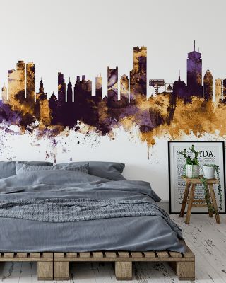 Boston Massachusetts Skyline Purple & Gold Wallpaper
