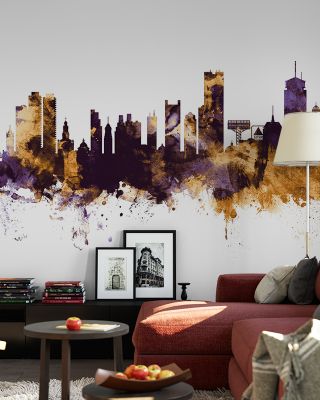 Boston Massachusetts Skyline Purple & Gold Wallpaper