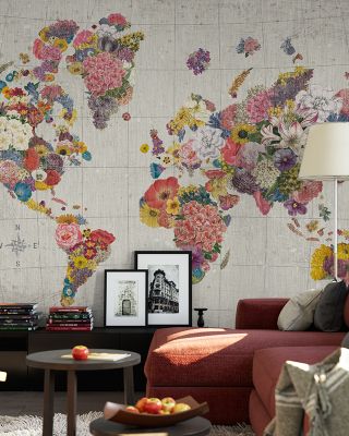 Botanical Floral Map Gray Wallpaper