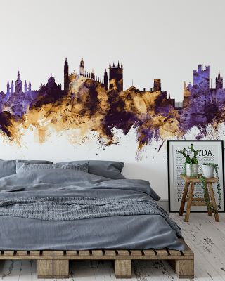 Cambridge England Skyline Purple & Gold Wallpaper